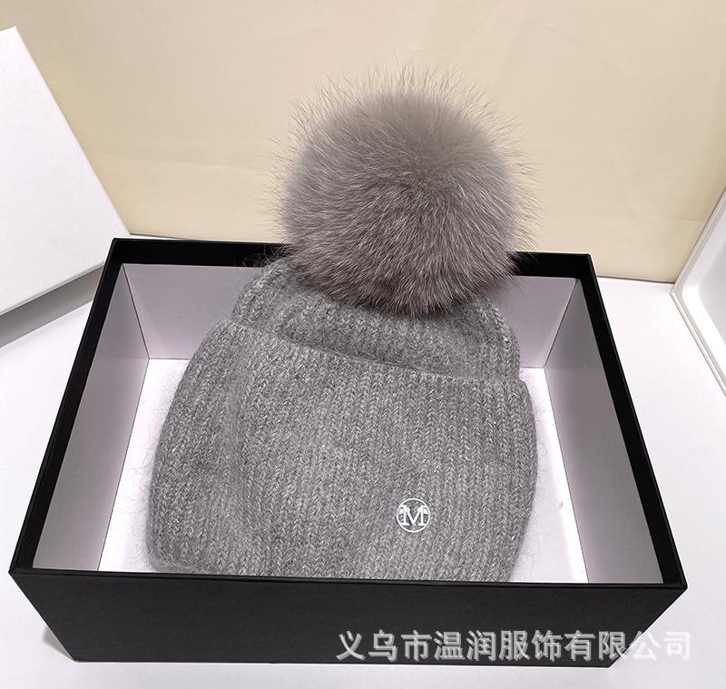 Bestseller M Logo Beanie Hat Women Winter Warm Faux Fox Fur Pom Knit Wooly Cap Slouchy Pull-On