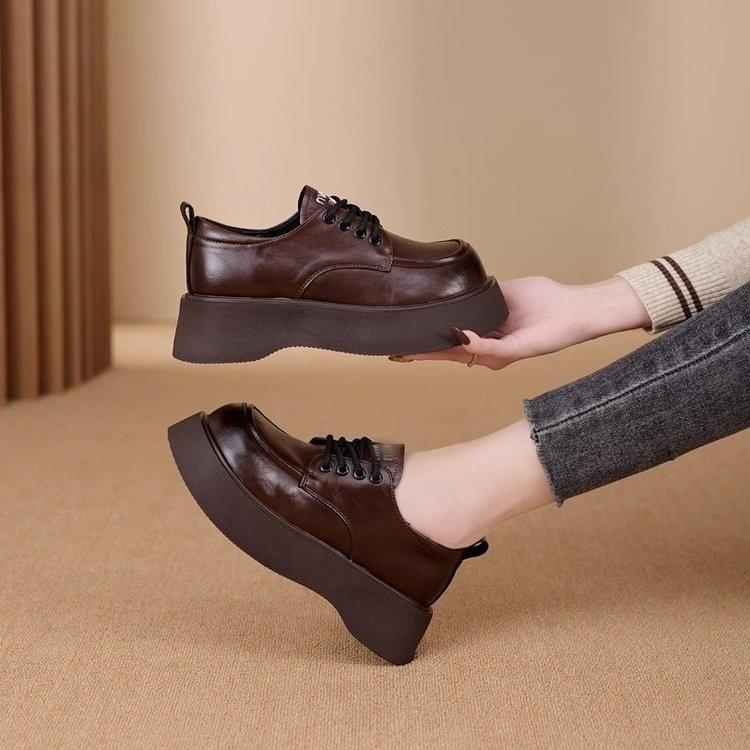 Height-increasing shallow lace-up leather shoes autumn new casual muffin shoes single shoes