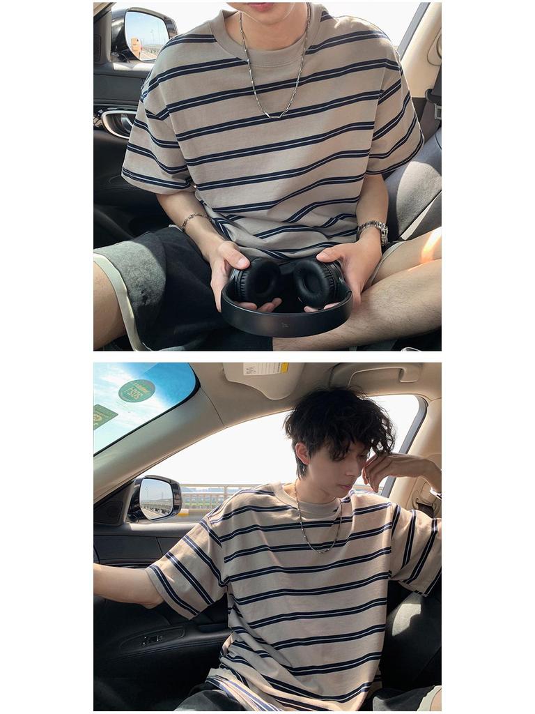 Men's Japanese Retro Color Block Striped Short Sleeve T-shirt