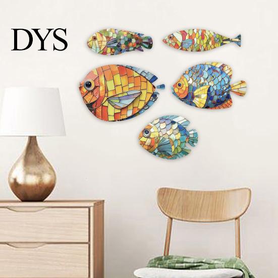 Retro Style Fish Art 5 Pcs Wood Wall Nautical Hanging Decor Tropical Rustic Farmhouse Sculpture for Beach Lake House Bathroom Decoration