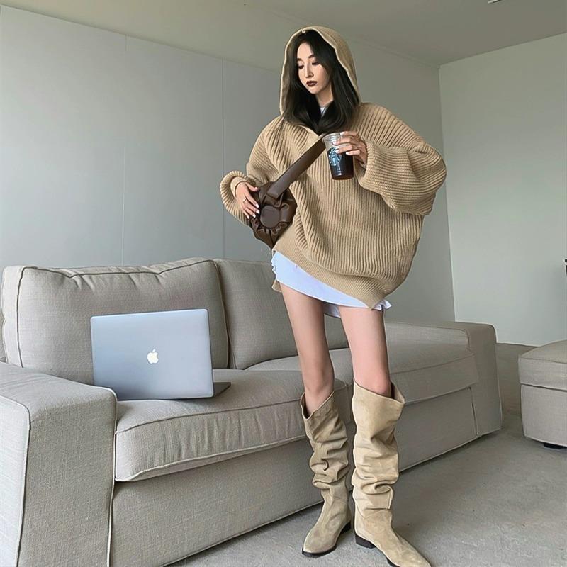 Knight Boots Women's Thick Heel Autumn and Winter Western Boots Tall Thin Retro Thin Pleated Piled Boots Long Boots