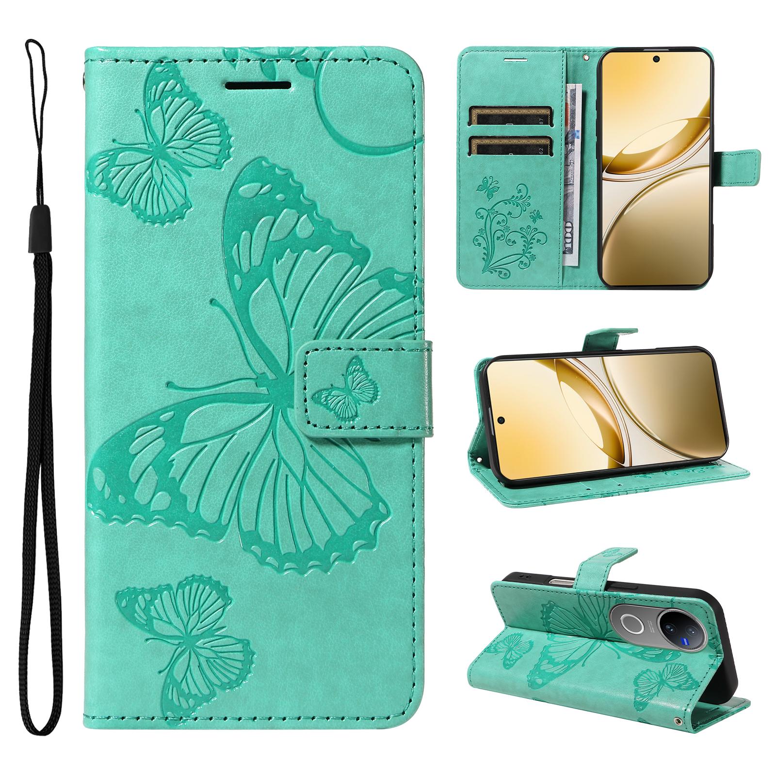 

For vivo V50 5G Wallet Case Floral Butterfly Imprinted Leather Phone Cover Stand - Green A