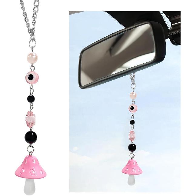 Car Rearview Mirror Mushroom Charm, Car Hanging Ornament Resin Mushroom Pendant for Women Girls, Lucky Mushroom Beaded Decor Universal Rear View