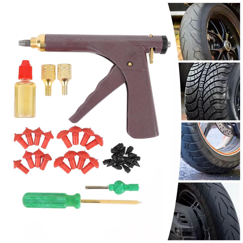 Motorcycle Tire Plugger Repair Tool Kit Tubeless Tire Repair Puncture Plug Tool with 32 Pcs Rubber Plugs for Car Dirt Bike ATV