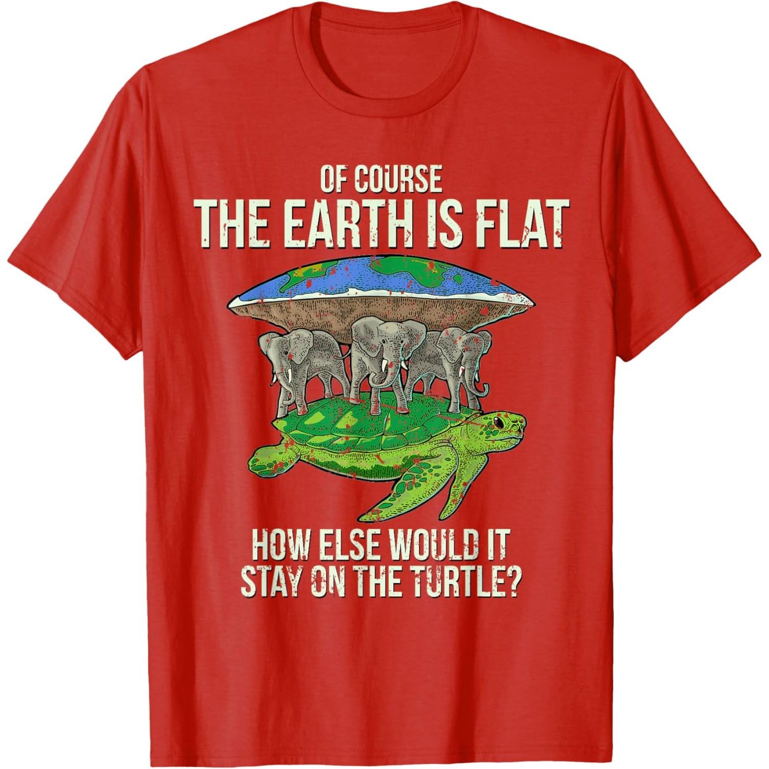 Flat Earth On Turtle And Elephants Graphic Tee Funny Conspiracy Theory T-Shirt Casual Cotton Short Sleeve S