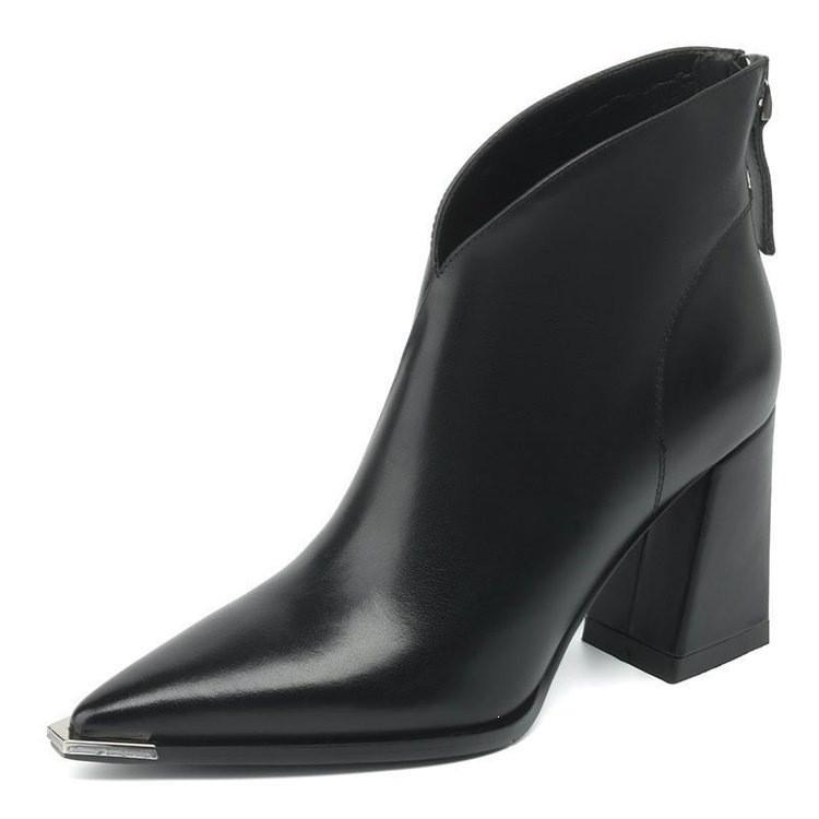 Autumn and winter pointed head thick heel ankle boots women's rear zipper short leather boots temperament thin versatile commuter women's short boots