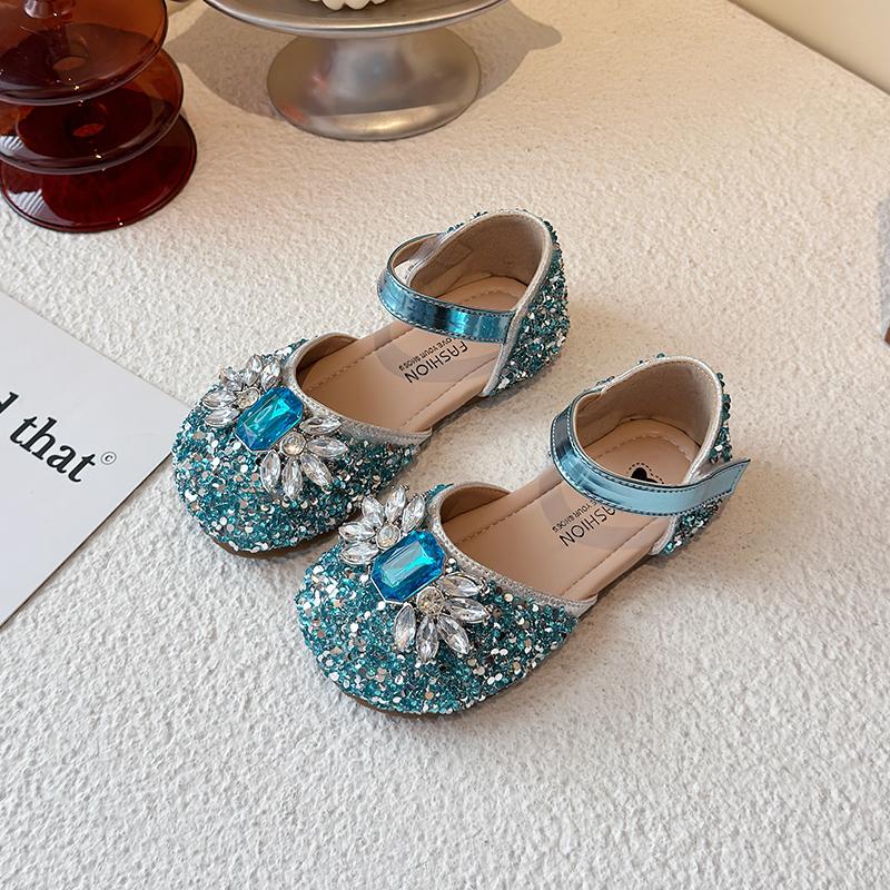 

Туфли для танцев для девочек, блестящие с кристаллами и пайетками, детские полусандалии на лето, тренд 2025, новая принцессина обувь для девочек, для свадьбы, вечеринки, милые 30 синий