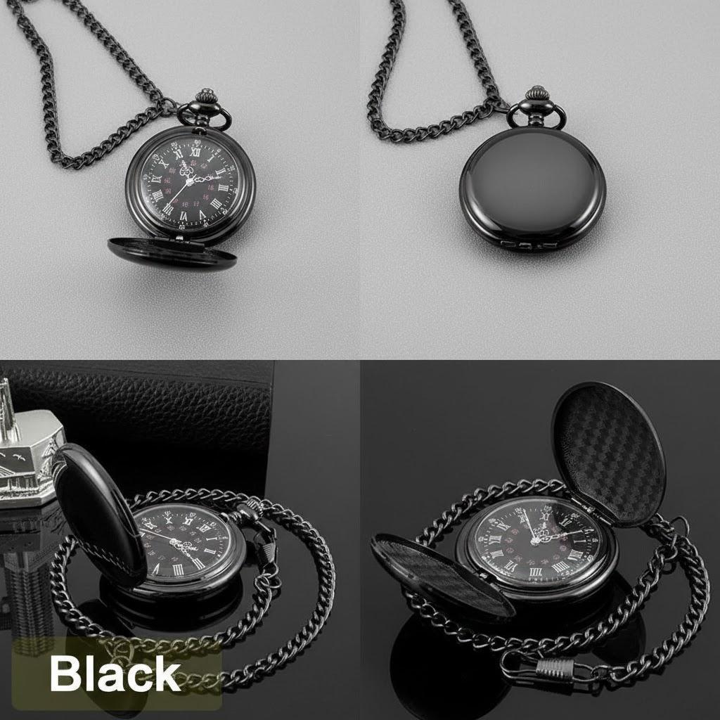 

Vintage Mens Pocket Watch with Roman and Arabic Numerals Smooth Steel Quartz Movement 37CM Chain for Men Women чёрный