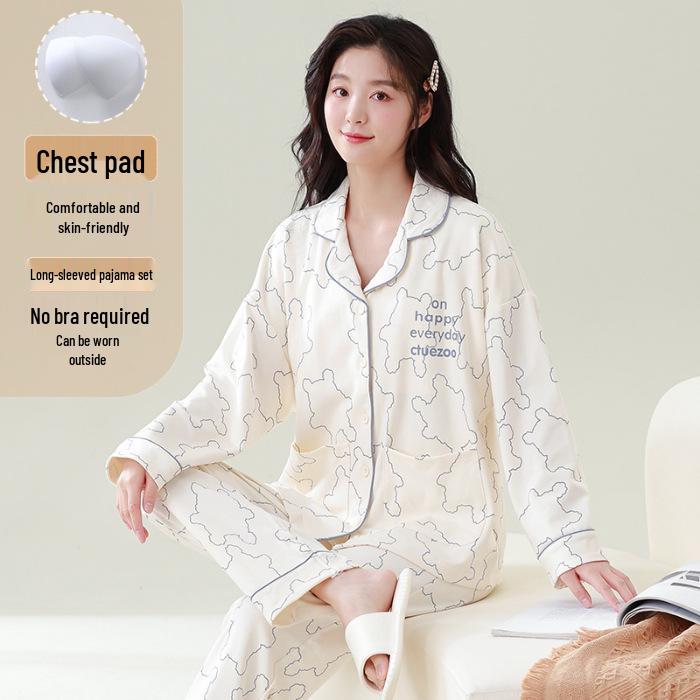 

Women s Plus Size Long Sleeve Cardigan Pajamas with Chest Pad - Imitation Cotton, Lapel, M-3X for Spring & Autumn XXL