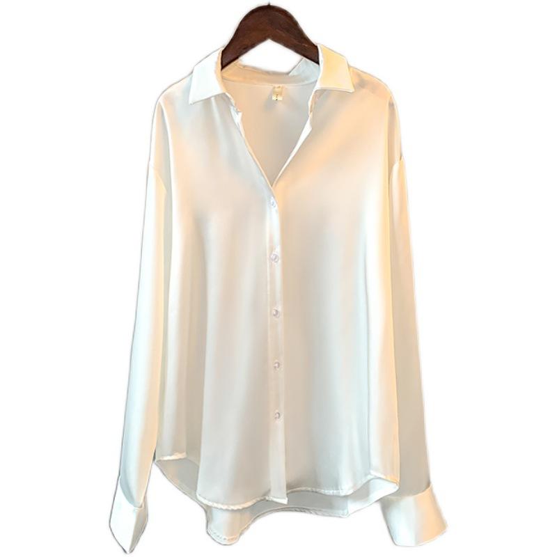 Women's Long Sleeve Satin Shirt Spring Summer Sun Protection Versatile Drape Retro Hong Kong Style Blouse Top