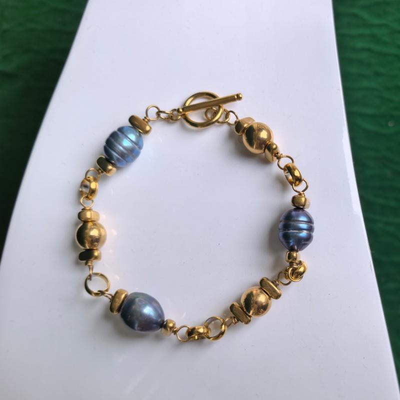 Natural Freshwater Pearl 18K PVD Gold-plated Stainless Steel Beaded Bracelet Jewelry