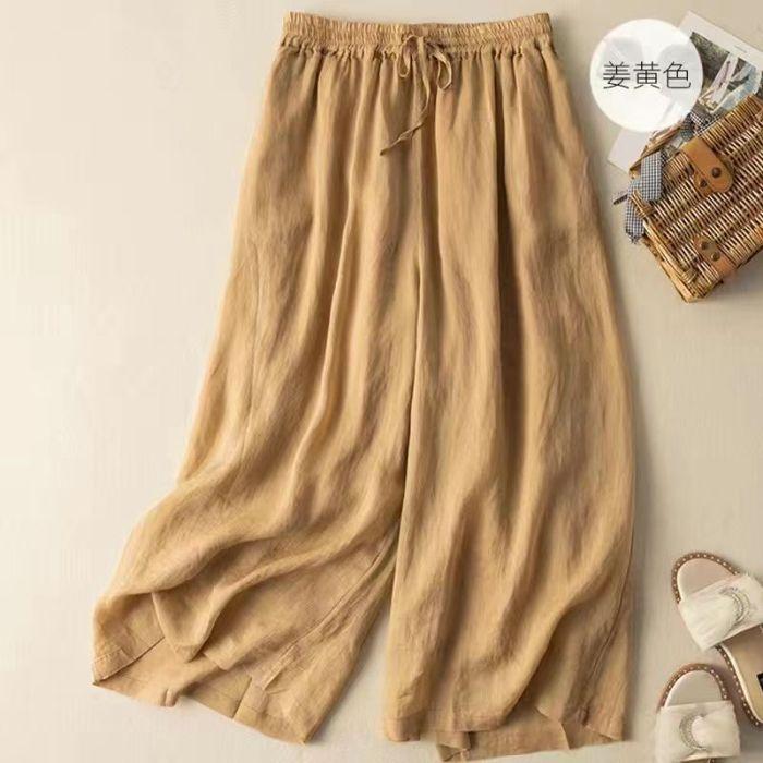 Cotton and Linen Wide-leg Pants Women Summer Retro Elastic Waist Ankle-Length Pants Lace-up Solid Versatile Loose Casual Pants