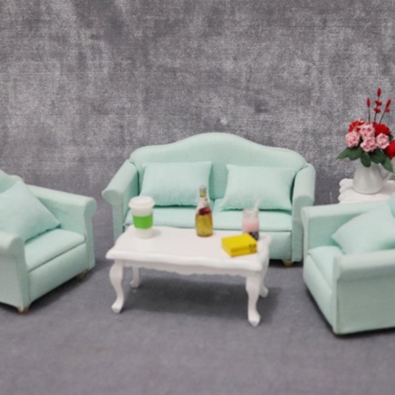 Living Room Sofa Set 1/12 Scale Wooden Base Cloth Covered Mini Furniture for Doll House Accessories and Collectibles