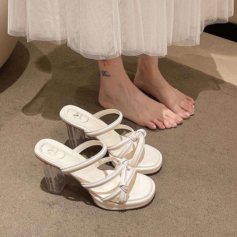 High heels women's new transparent one-word strap crystal heel slippers round head waterproof table outer slippers in summer 2025