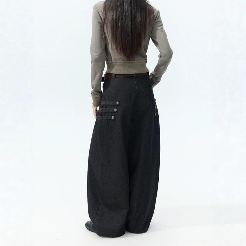 Womens Plus Size High-Waist Wide Leg Cropped Denim Pants Black Vintage Style Button Detail Loose Fit