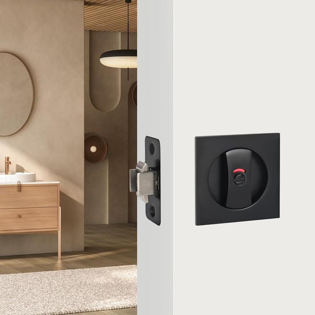 Square Pocket Door Lock with Color Coded Indicator, Pocket Door Hardware,Pocket Door Latch, Matte Black Privacy Pocket Door Hardware for Home,