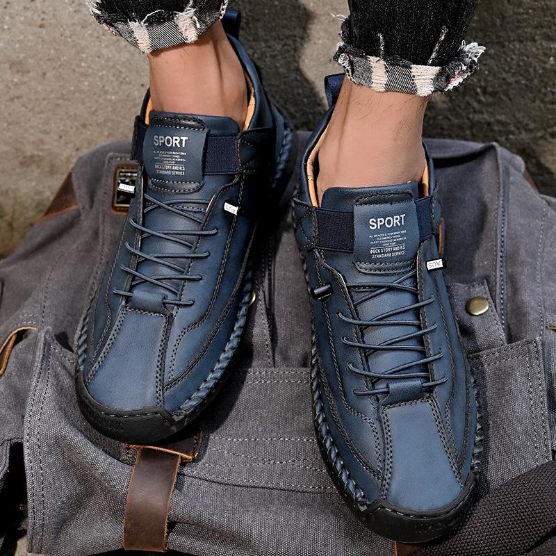 Large Size Men's Leather Shoes Low Top Hand-stitched Casual Men's Shoes Flat Bottom Slippers Loafers Men's Driving Shoes