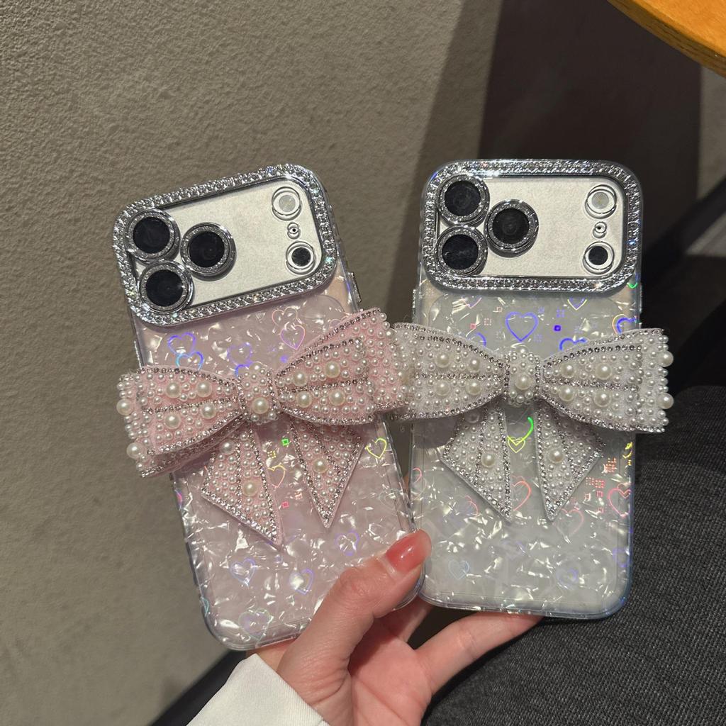 Porous Love Shell Pattern Phone Case for Apple 17PROMAX/15, Material 11/14, with Bow Accessory.