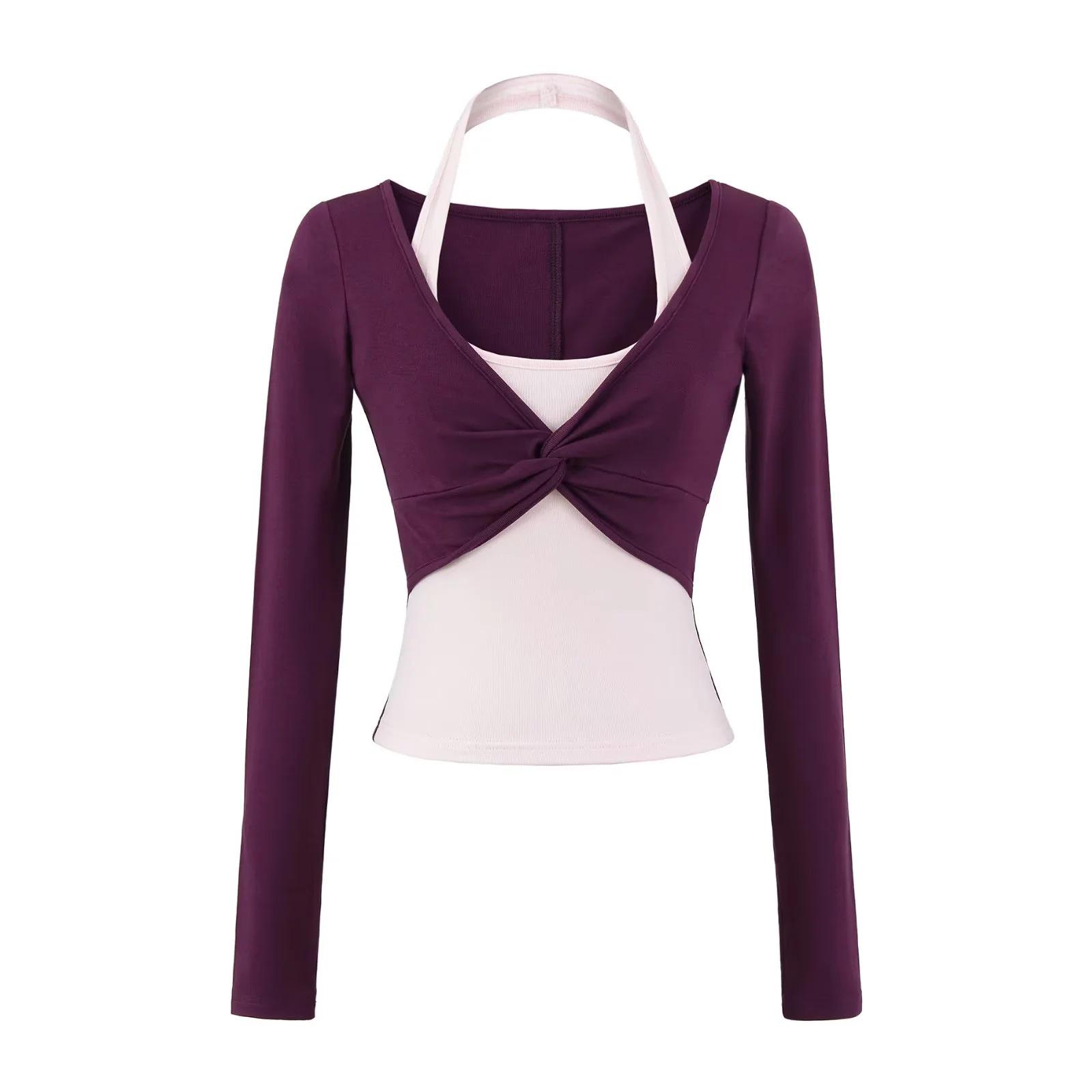 Женская осенняя приталенная футболка с длинным рукавом и вырезом-халтер, цветные блоки, стиль  острая девушка Small