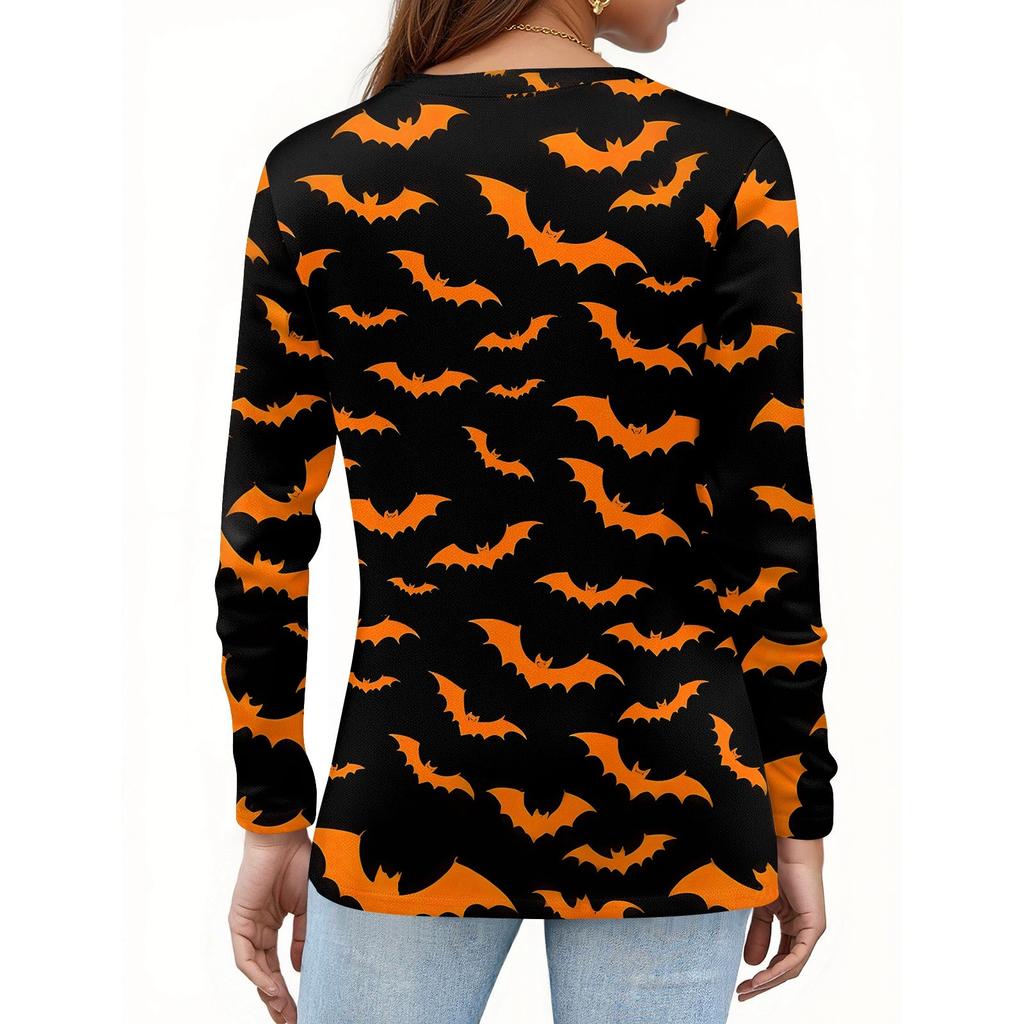 Dámská módní ležérní halenka s potiskem Halloweenu, s kulatým výstřihem a dlouhým rukávem