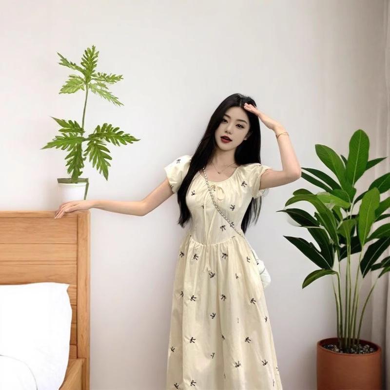 Summer printing French sweet bow bubble dress women's new temperament waist thin floral dress
