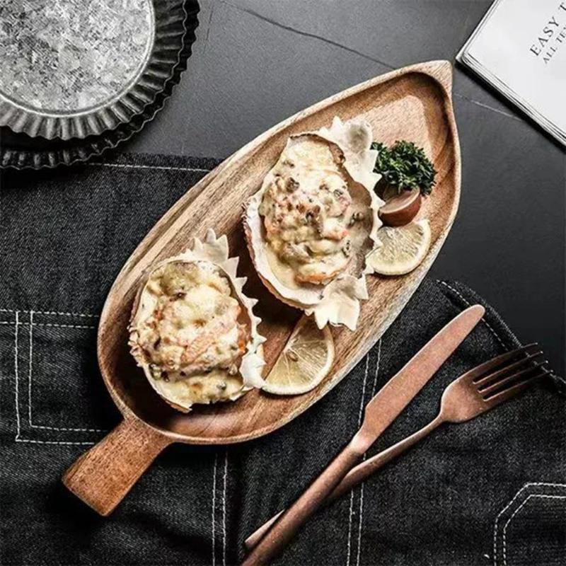 Waterproof Solid Wood Tray Leaf Shaped for Steak Sushi Grilled Meat Pizza Afternoon Tea Tableware Commercial Use