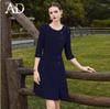 Stylish Beige A-Line Mid-Length Dress with Three-Quarter Sleeves and Round Neck for Spring/Summer