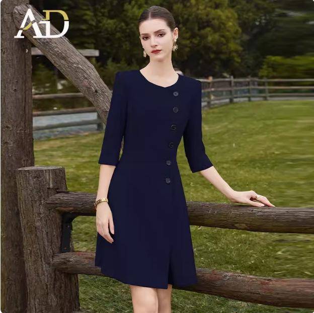 Stylish Beige A-Line Mid-Length Dress with Three-Quarter Sleeves and Round Neck for Spring/Summer