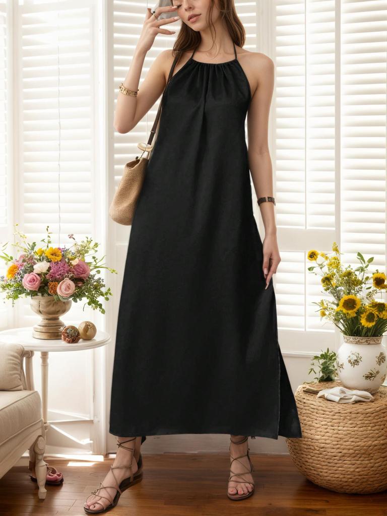 Women's Sleeveless Halter Tank Dress - Summer Style, Solid Color