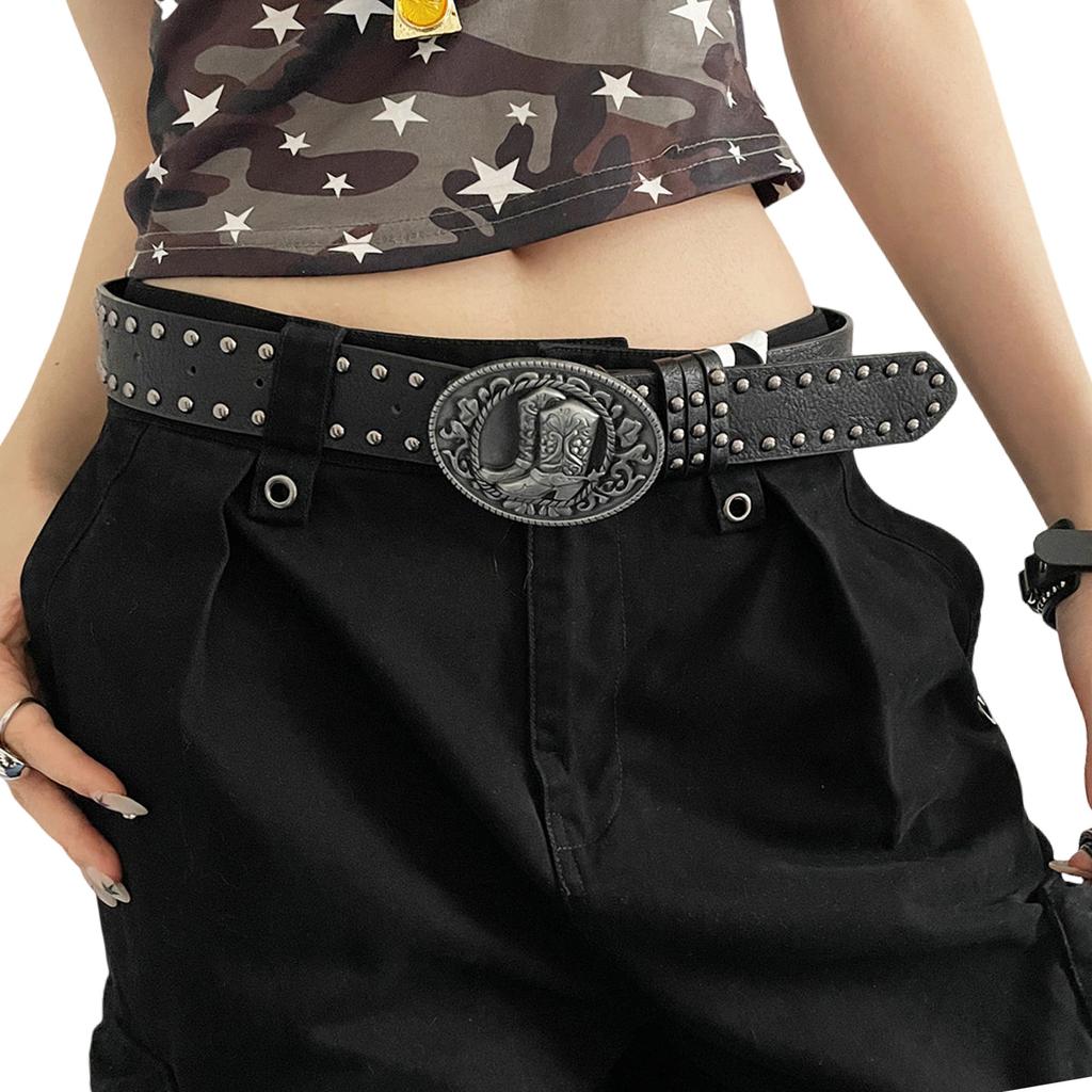 Retro Studded Women's Fashion Belt Decorative Carved Motif Adjustable Cowgirl Punk Style PU Leather Accessory