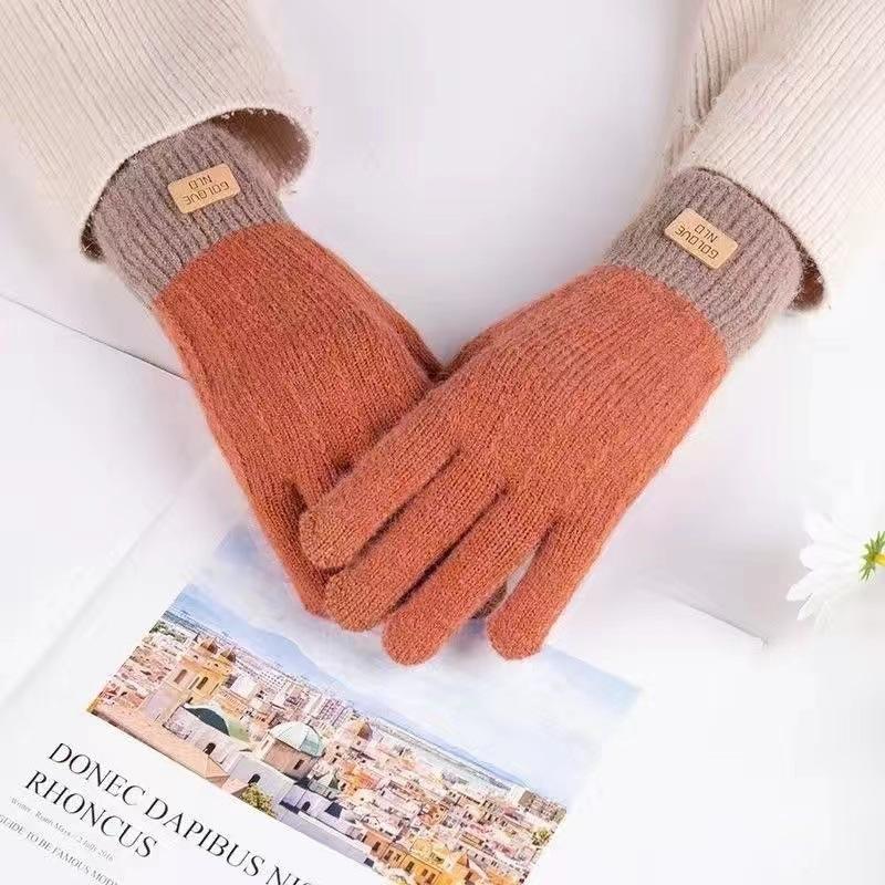 Winter Gloves Winter Girl Thickened Five-finger Student Cute Knitted Cold-proof Riding Touch Screen Warm Cycling Gloves
