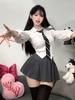 QOOLY High School Uniform Set for Perfect for Pleated and Long Sleeve Perfect for Entrance and All Grey 3-Piece Girls, Cosplay, Skirt, Tie, Shirt.