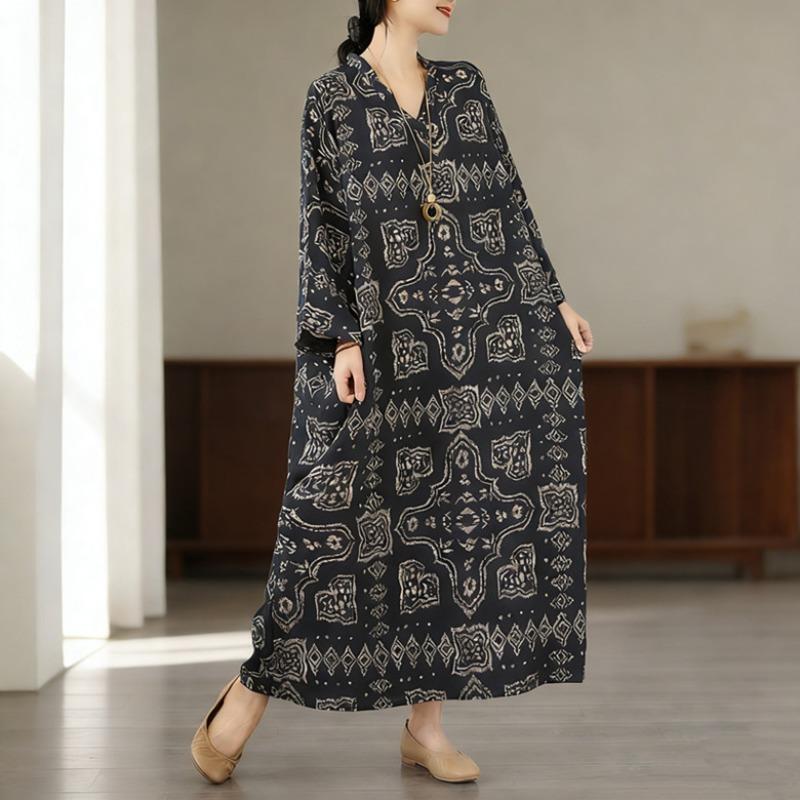 DIMANAF Neues Plus Size Damen Frühling Sommer Langes Kleid Locker Basic Vintage Oversize Langarm Maxi Geblümt 2026