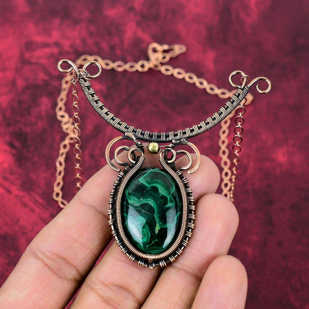 Malachite Necklace Copper Wire Wrapped Gemstone Necklace Adjustable Chain Necklace Handmade Necklace Copper Wire Wrap Jewelry Wedding Gifts