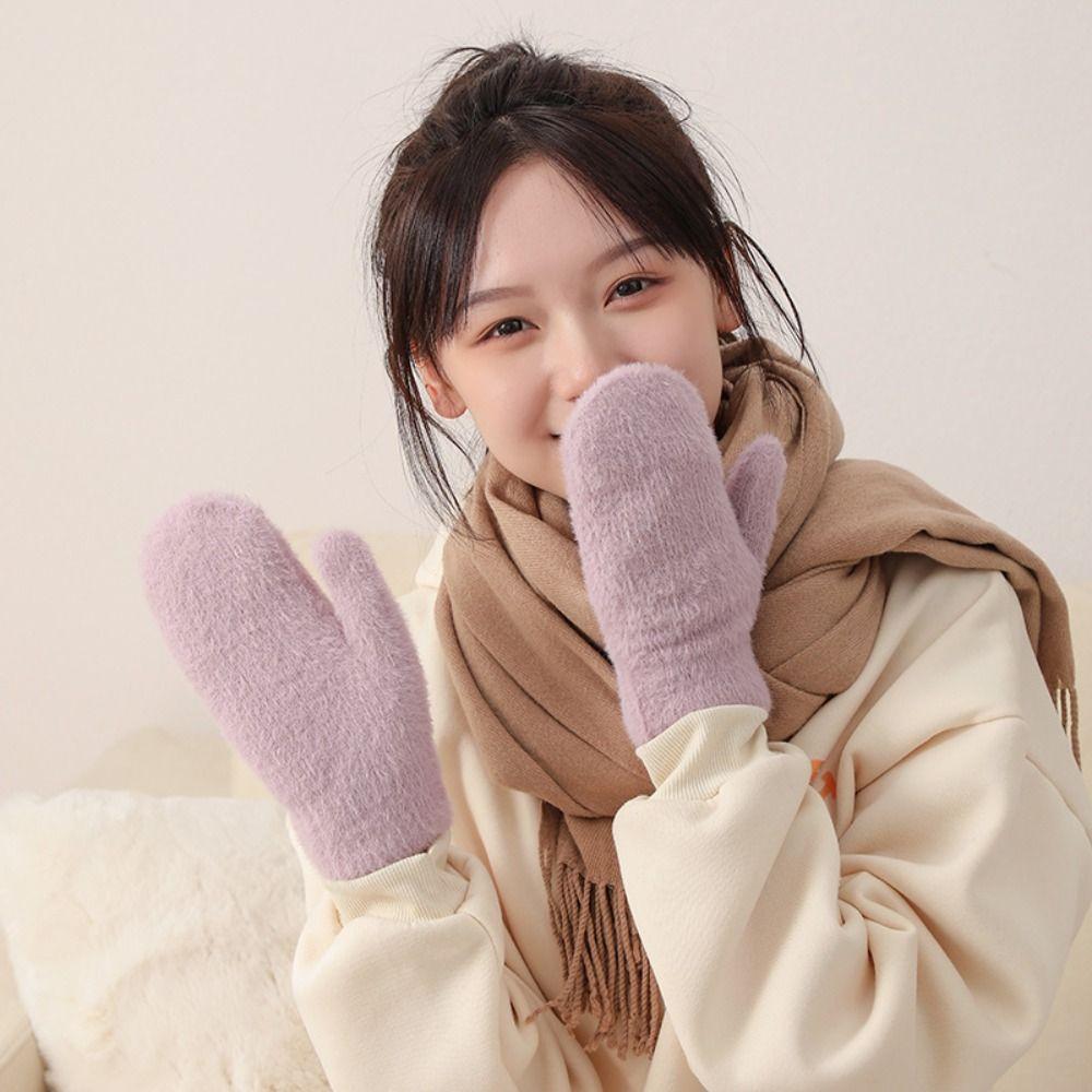 

Full Fingers Knitted Gloves Solid Color Winter Mittens Fashion Plush Mittens Girls
