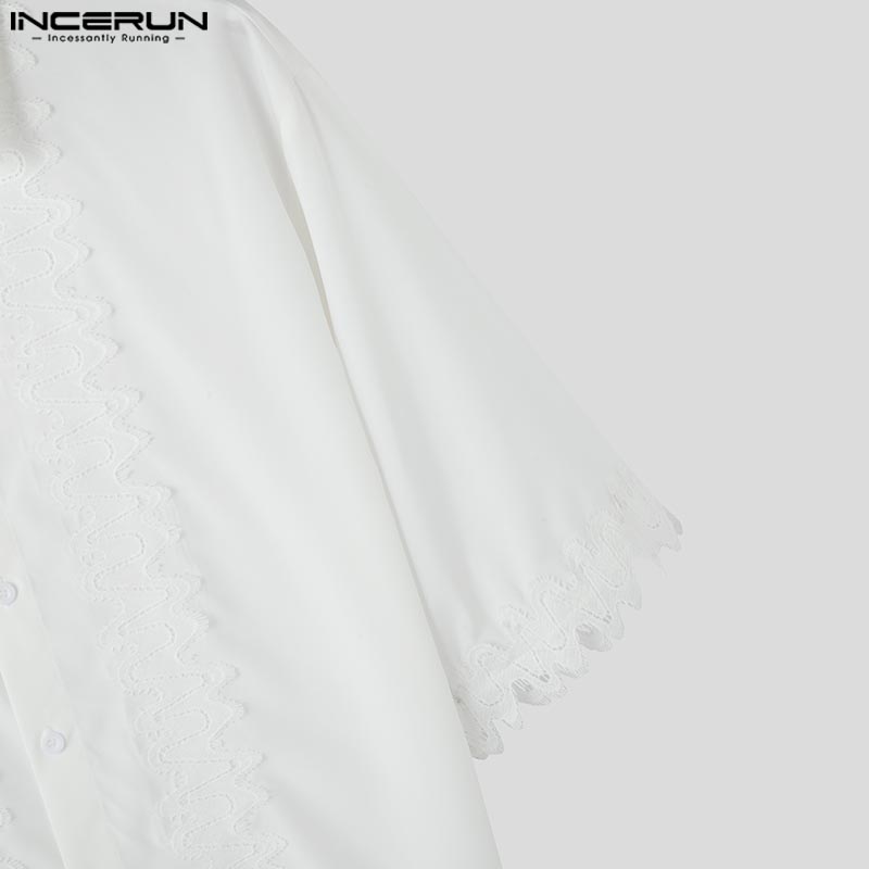 INCERUN Summer Men Turn-down Collar Half Sleeve Lace Patchwork Casual Shirts