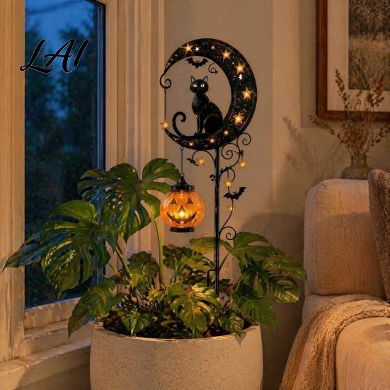 Warm Atmosphere Lights for Fall Parties Solar Halloween Black Cat & Pumpkin Moon Garden Stake Light Waterproof on Decorative Stakes Candy Nights