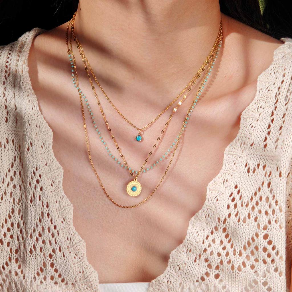 Round Natural Stone Pendant Necklaces,Stainless Steel Turquoise Four-layer Necklace for Women,Unique Jewelry Gift