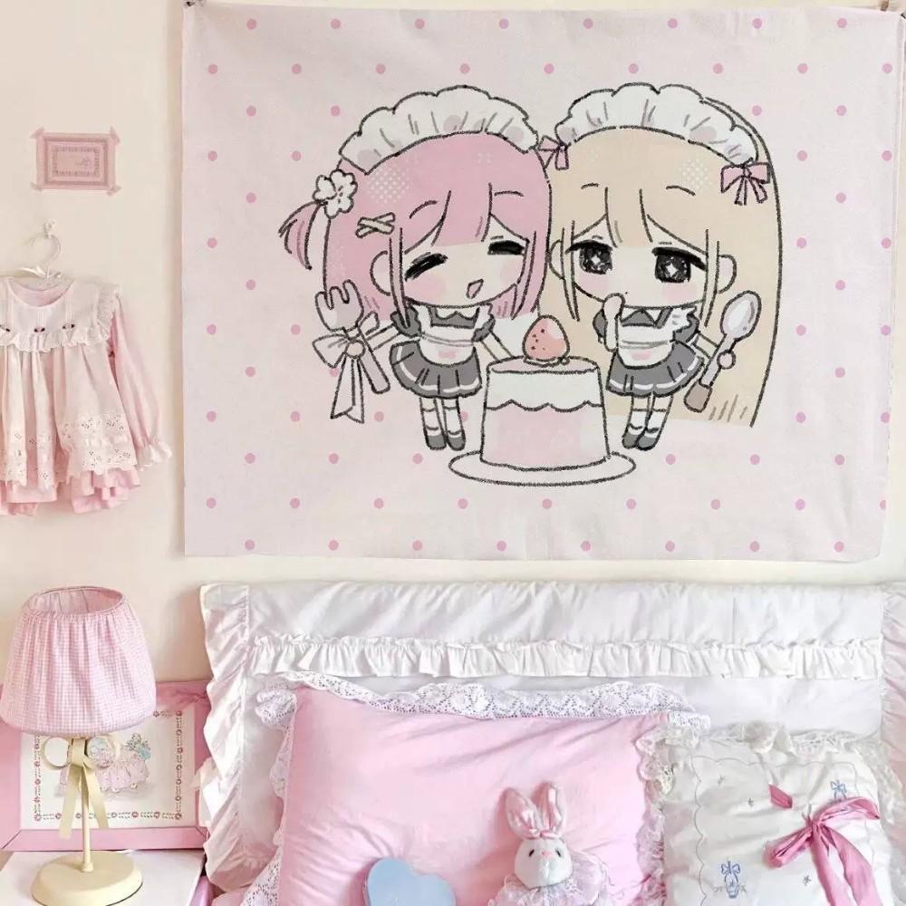 Cute Girl Tapestry Wall Hanging Kawaii Cartoon Bedroom Decor Nursery Room Decoration Aesthetic Wall Art