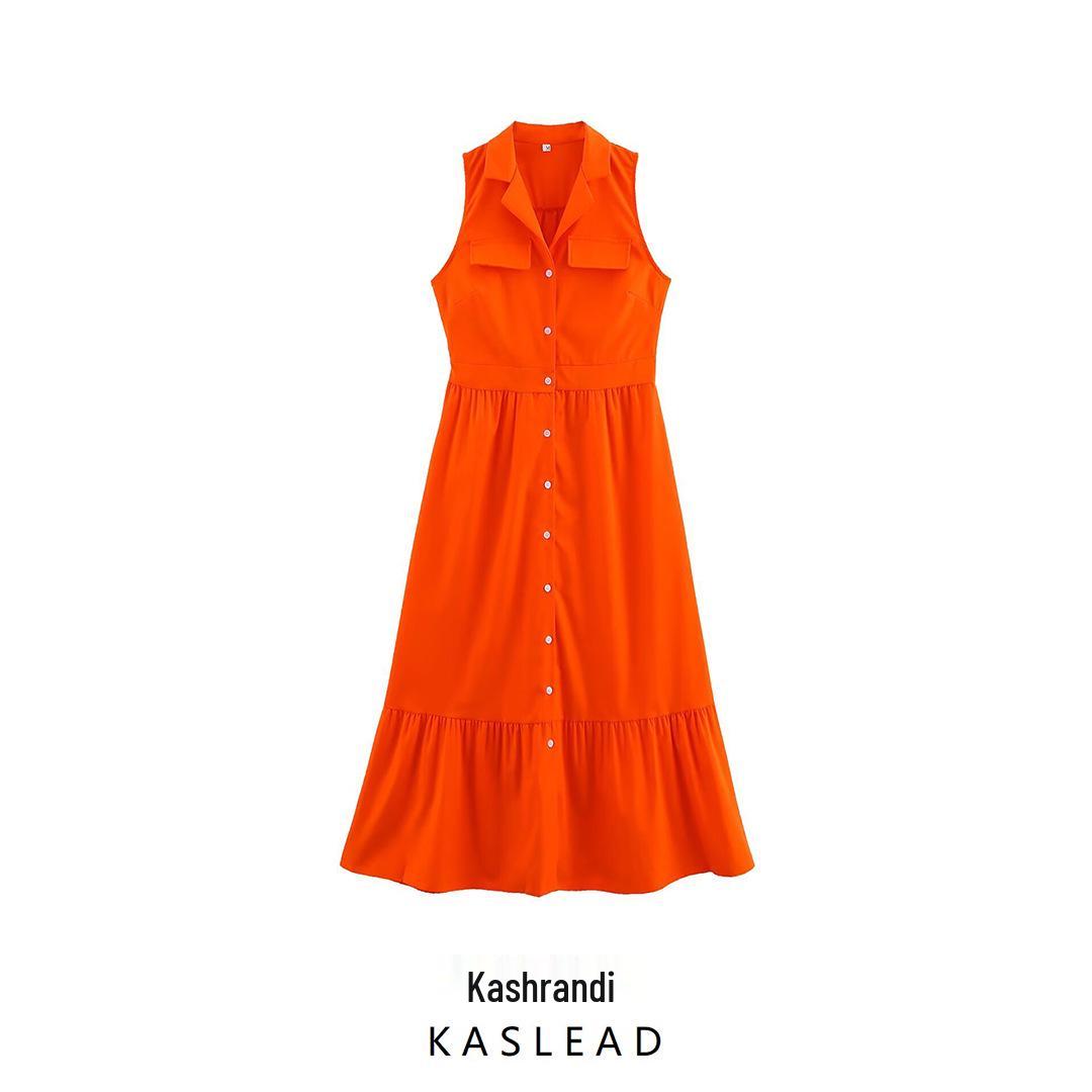 

Spring 2025 Women s European & American Style Sleeveless Long Dress with Simple Lapel Small