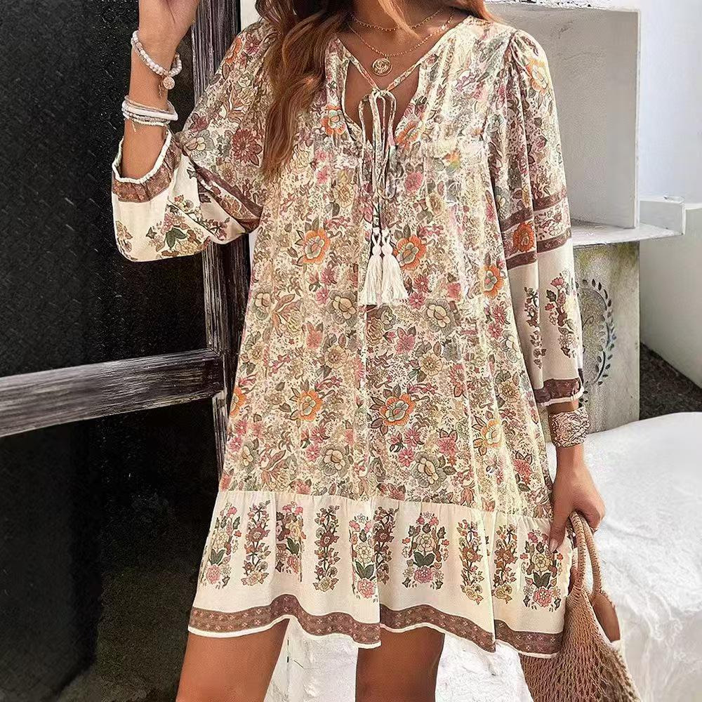 Abito Chemisier Stampato Scollo a V Bohemian Primavera/Estate 2025 per Donna