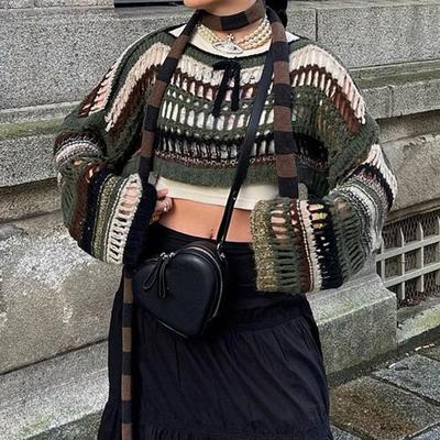 Y2k Stripe Hollow Out Síťované svetry Smock Crop Tops Dámské Fairycore Oversize Svetr Grunge Goth Cloth