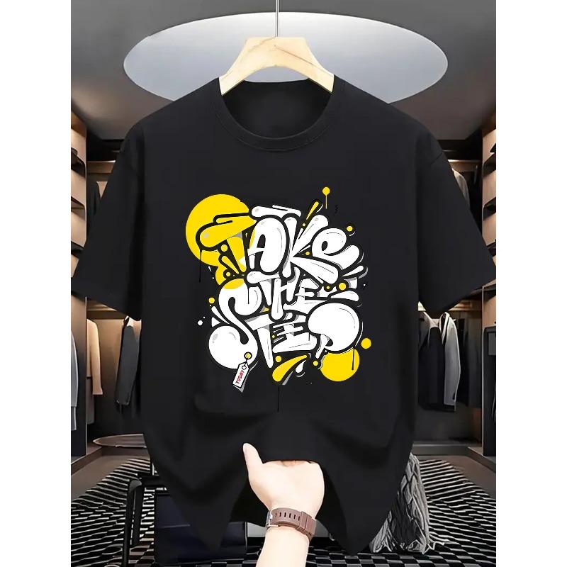 

European Size Vibrant _TAKE THE STREET_ Graffiti Print Short Sleeve, Dynamic and Expressive, Perfect for Street Sports Occasions XXXXXL чорний