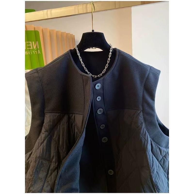 Fashionable Loose Wool Blend Vest Women Autumn Winter Sleeveless Quilted Outerwear Casual Waistcoat