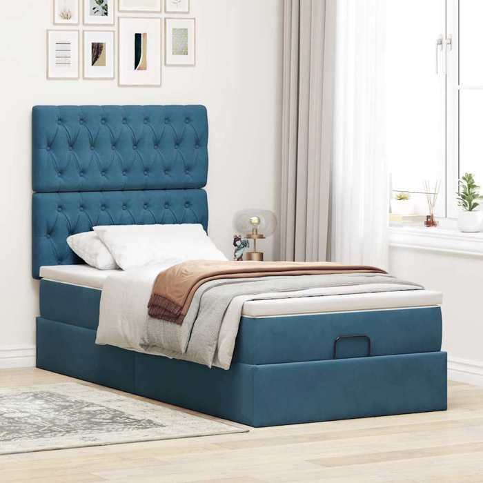 VidaXL Ottoman Bed Frame with Mattress Dark Blue 90x190 Cm Velvet, Bed Frame, Upholstered Bed Frame, Bed Frame 3313515
