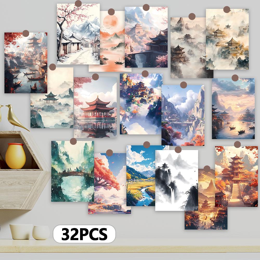 32 Pieces, Chinese Ink-wash Painting Postcards, Ancient Buildings and Landscape Paintings, Mailing Cards, Festival Cards