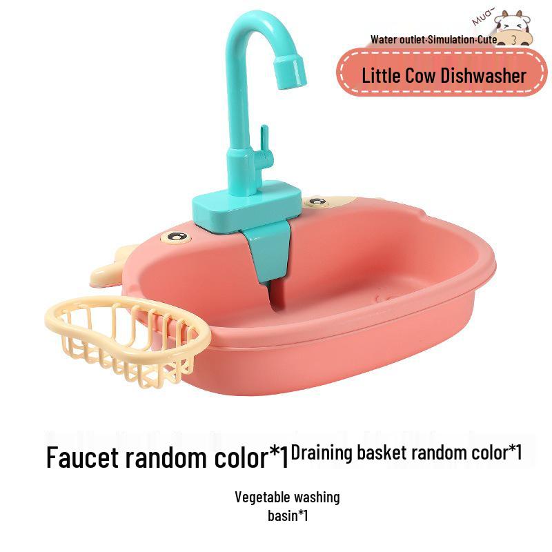 Cartoon Cow Electric Faucet Toy Kitchen Set with Sink, Stove, and Play Fruits & Vegetables