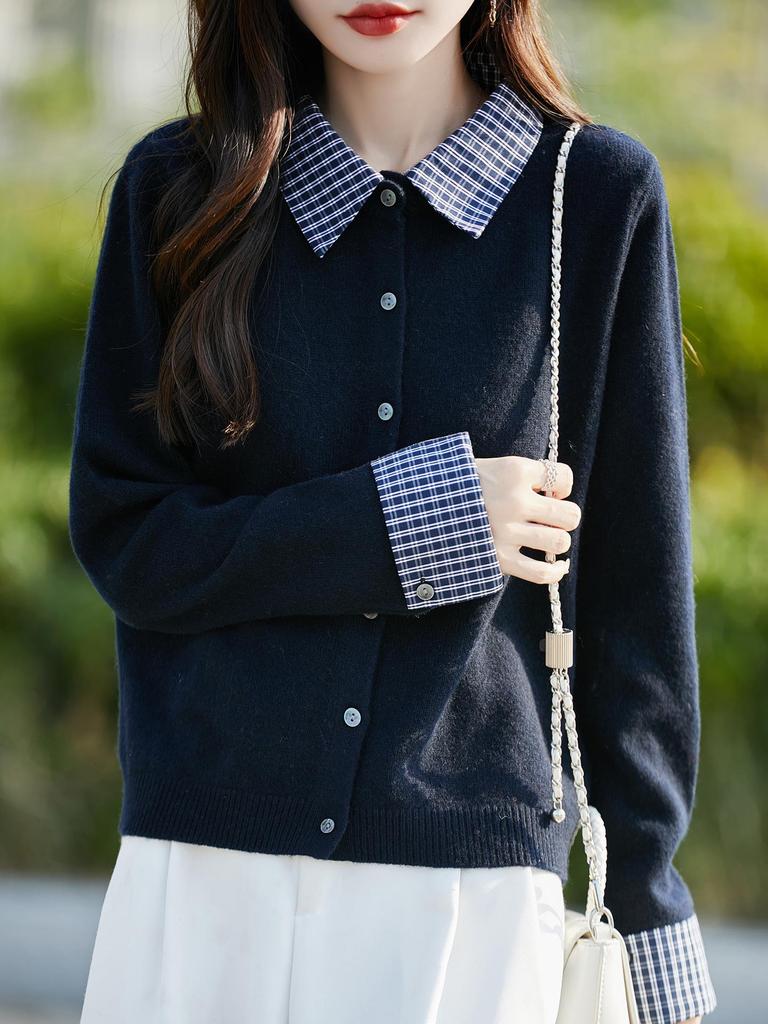 Women's 100% Wool Plaid Patchwork Knit Cardigan, Polo Style, 2025 Autumn/Winter Collection.