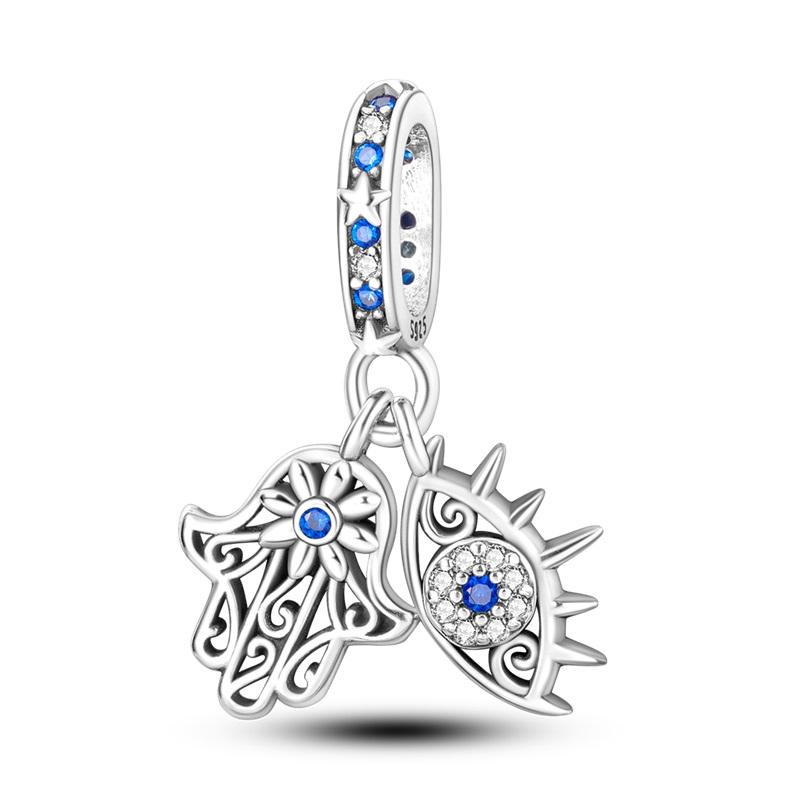 Exquisite 925 Silver Mysterious Blue Butterfly Devil's Eye Fatima's Hand Pendants Charms Beads Fit Qikaola Bracelets DIY Jewelry