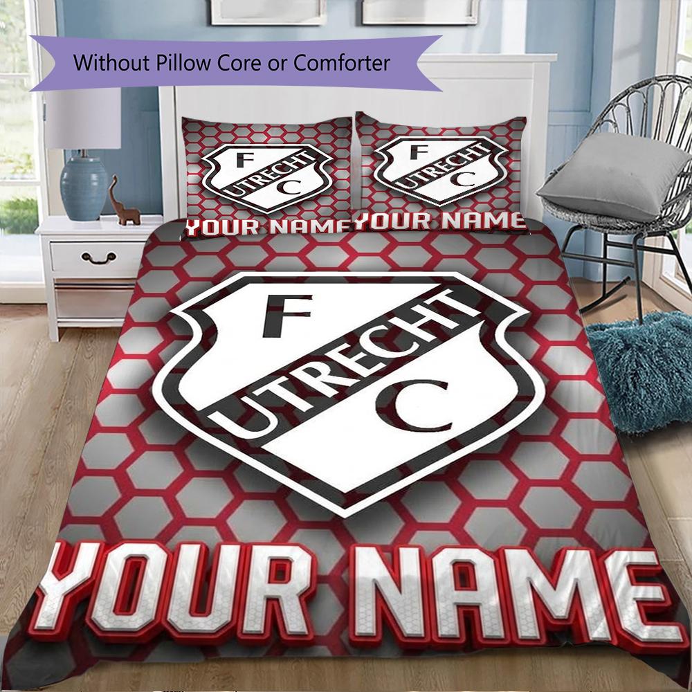 Benutzerdefinierter Name FC Utrecht Muster Bettwäsche Steppdecke Set Steppdecke Bezug Kissenbezug Heimdekoration Geburtstagsgeschenk (1*Bettbezug+2*Kissenbezug ohne Füllung)